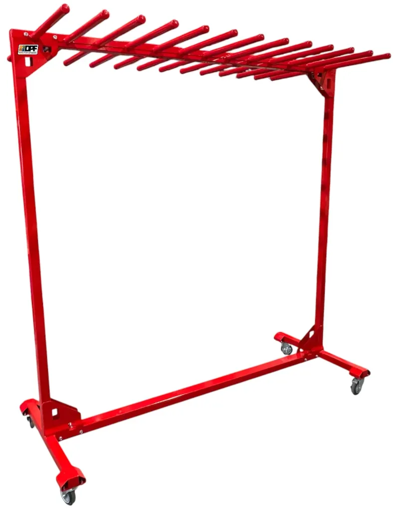 [S-MR51-873477-18-VR] Mobile Floor Hose Rack Steel - 87" Height x 34" Depth x 77" Width - 18" Round Hanger - 4" Casters and Viper Red Finish 